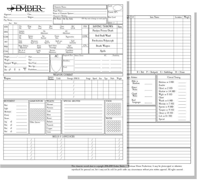 Picture of Chronicles of Ember Character Sheets